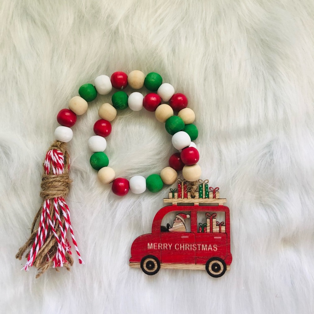 Farmhouse Christmas wood bead garland, tiered tray decor